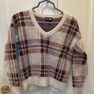 Lord & Taylor V-Neck Sweater in Cream and Red Plaid
